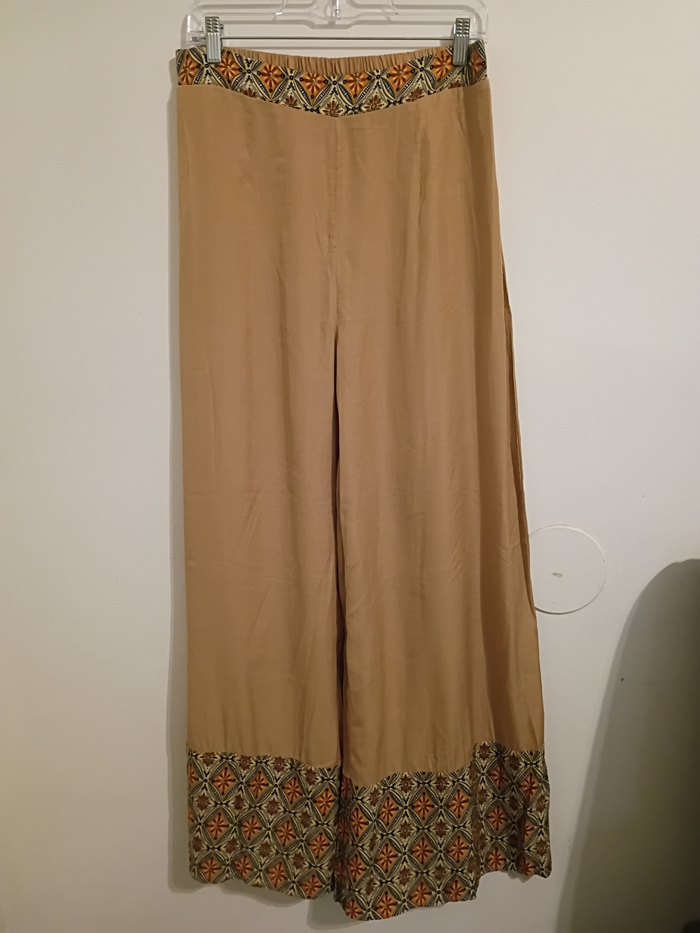 Luukse Women's Waist & Hem Geometric Print Wide-Leg Pants in Tan Sz L